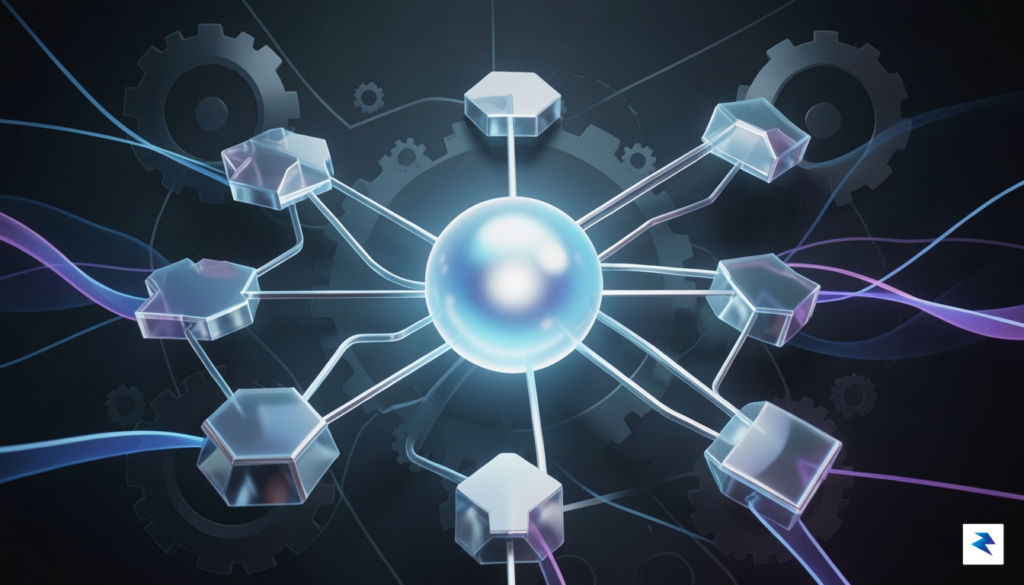 An abstract depiction of interconnected AI modules, forming a complex…