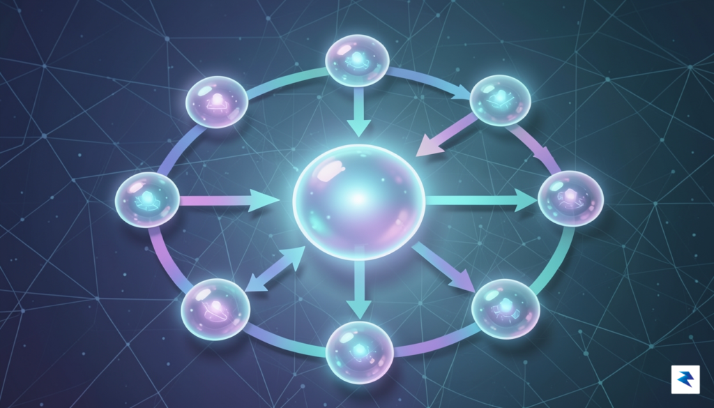 A stylized illustration depicting multiple interconnected AI agents (represented as…