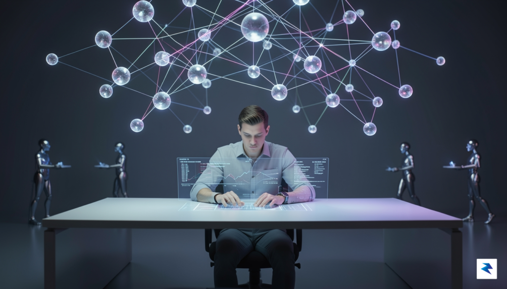 A conceptual digital visualization showing a glowing, interconnected network of…