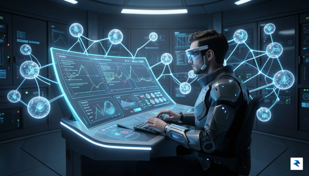A stylized, high-tech conceptual illustration showing a human professional at…