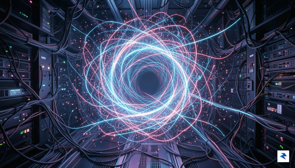 A conceptual digital visualization of a glowing, infinite loop of…