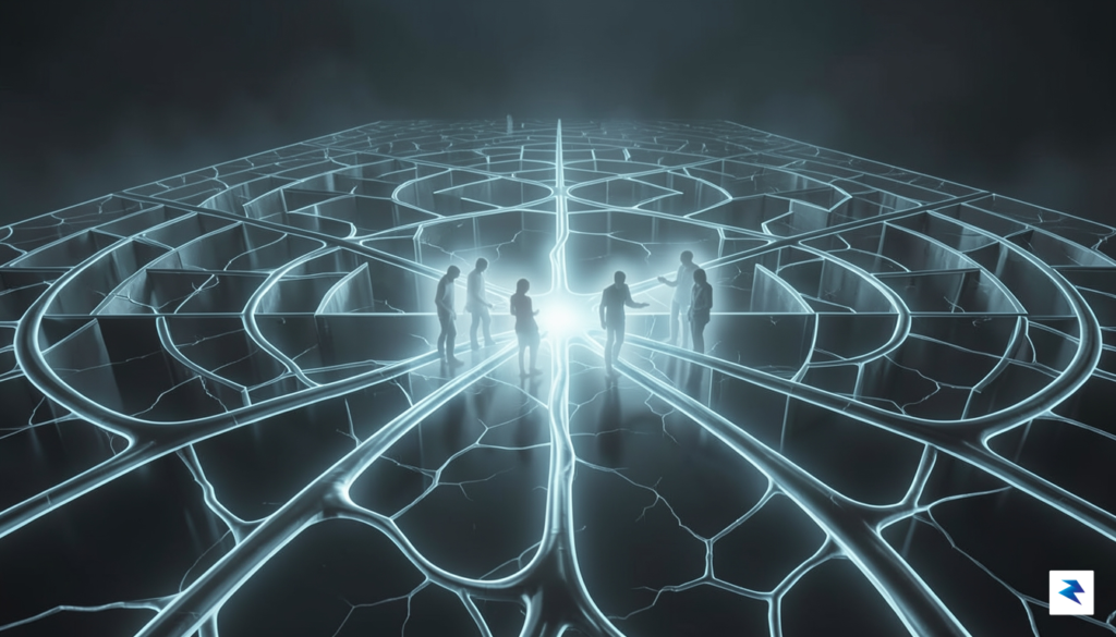 A conceptual digital illustration of a complex, glowing maze representing&hellip;