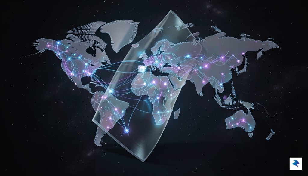 A conceptual illustration showing a digital map of the world&hellip;