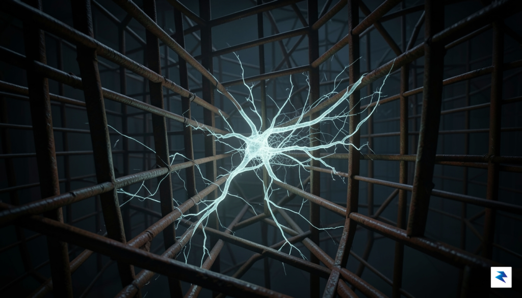 A conceptual digital illustration showing a glowing, intricate neural network&hellip;