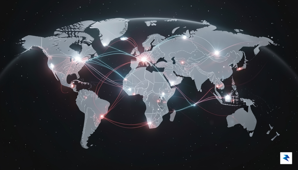 A digital visualization of a global map connected by glowing&hellip;