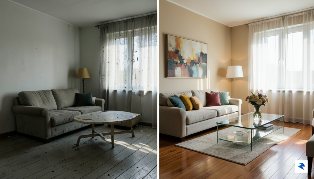 A split-screen comparison showing a bleak, empty, and dimly lit…