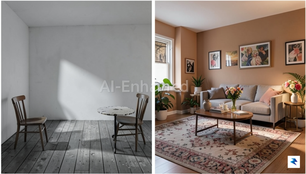A digital graphic showing a split screen of an apartment:…