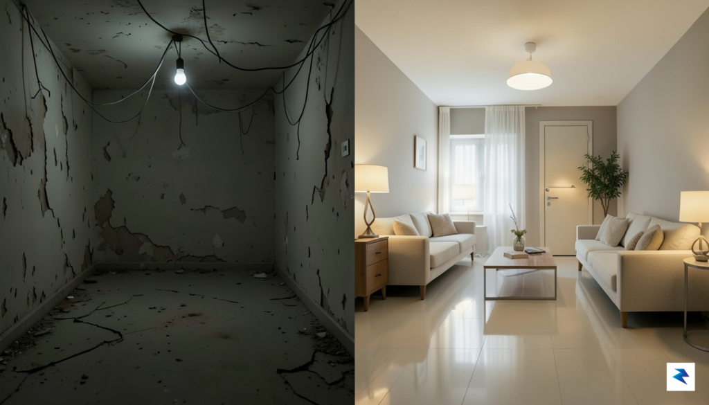 A split-screen comparison showing a bleak, dimly lit apartment with…