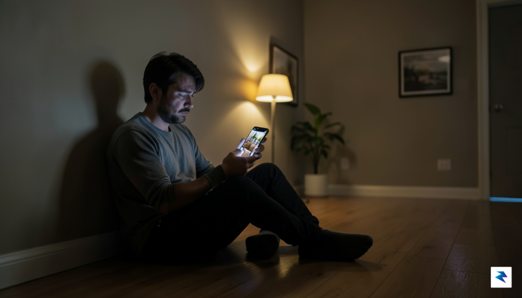 A weary, frustrated person sitting on the floor of a…