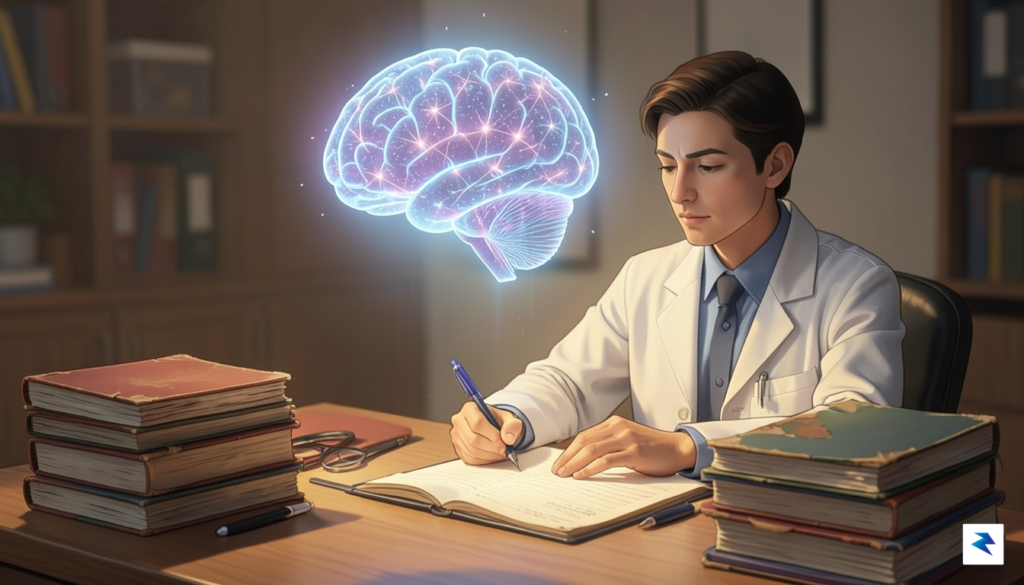 A conceptual illustration showing a medical researcher sitting at a&hellip;