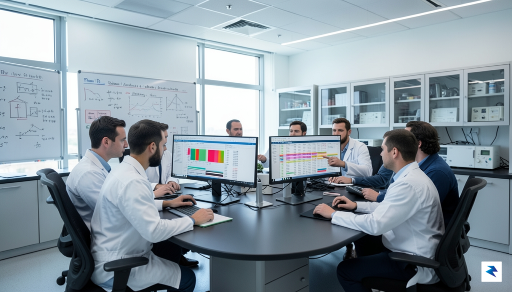 A close-up of a diverse team of medical researchers reviewing&hellip;