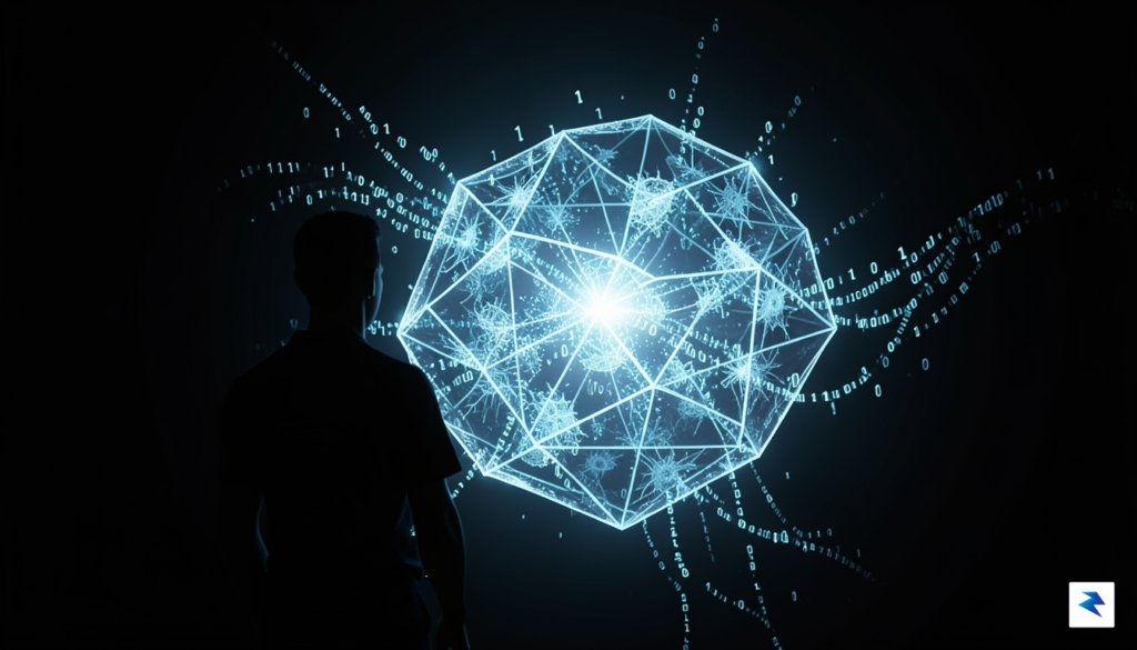 A conceptual digital illustration showing a glowing, complex geometric structure&hellip;