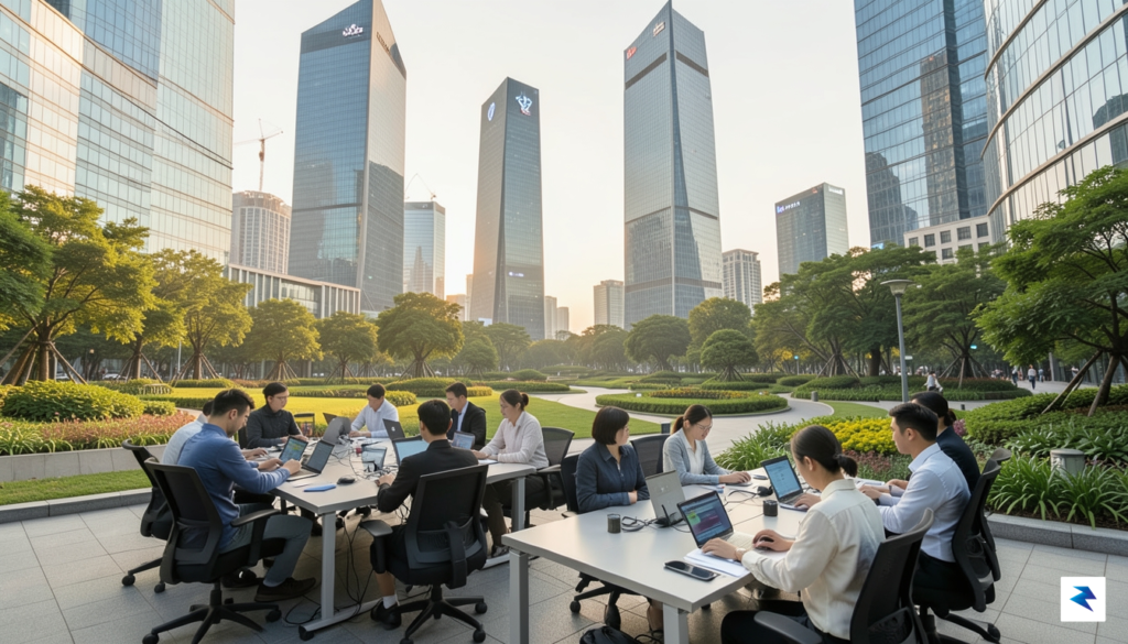 A modern, high-tech urban landscape in East Asia showing a&hellip;