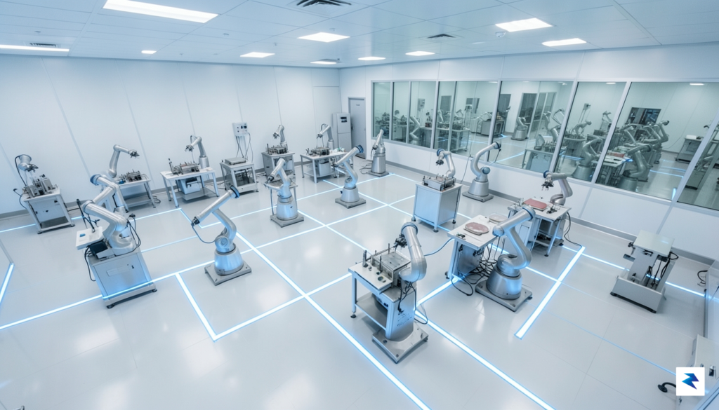 A highly descriptive, high-angle photograph of a clean-room semiconductor fabrication&hellip;