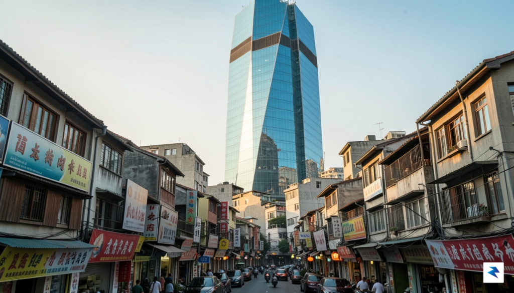 A modern, high-tech glass skyscraper towering over a crowded, older&hellip;
