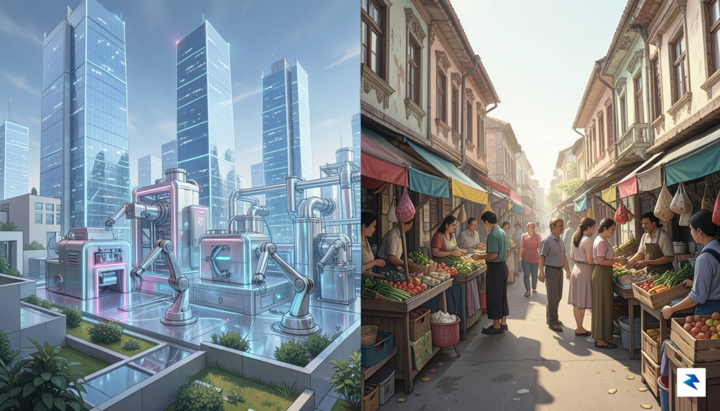 A conceptual split-screen digital illustration showing a gleaming, futuristic semiconductor&hellip;