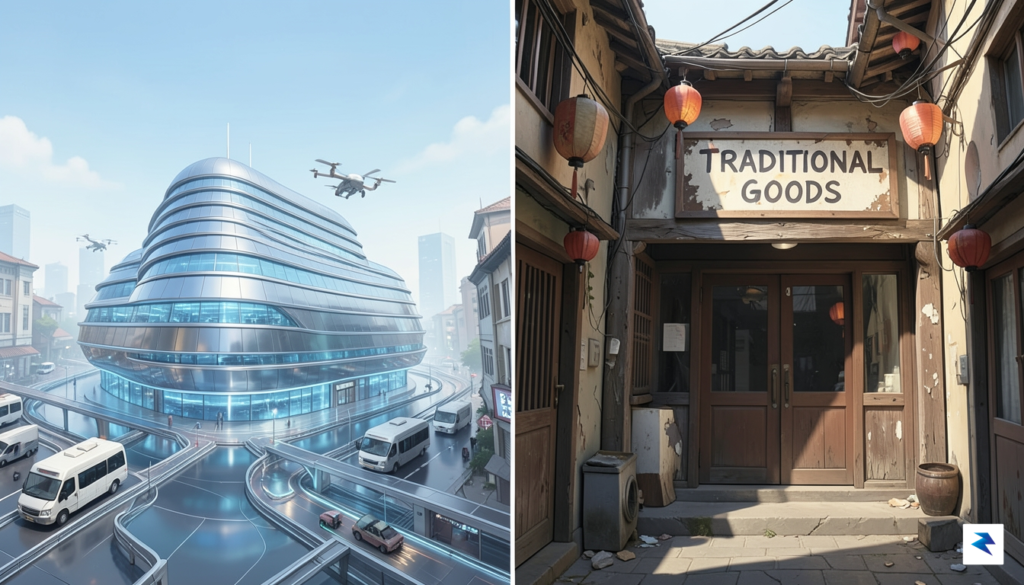 A conceptual split-screen illustration showing a gleaming, futuristic semiconductor facility&hellip;