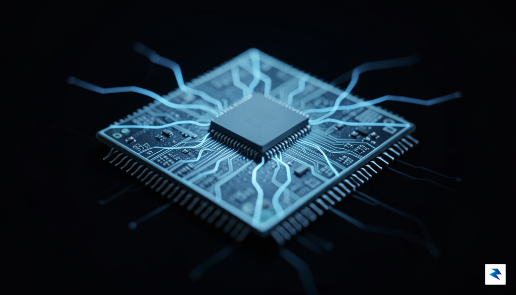 A close-up, high-tech macro shot of a modern silicon microprocessor&hellip;