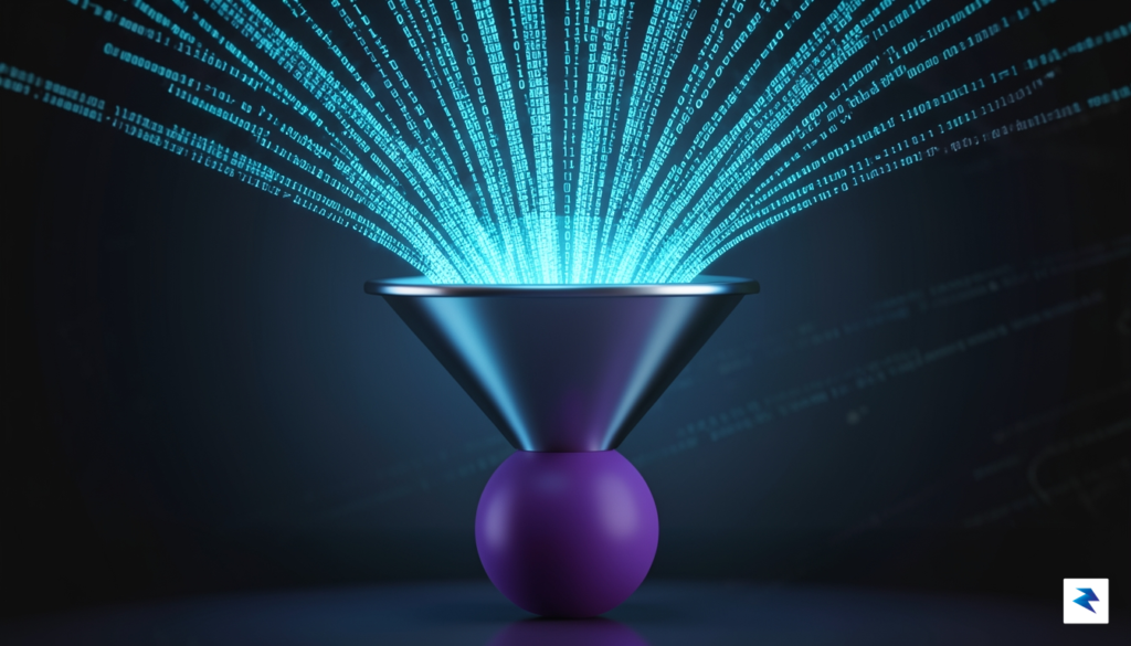 A conceptual digital visualization showing binary code streams flowing into…