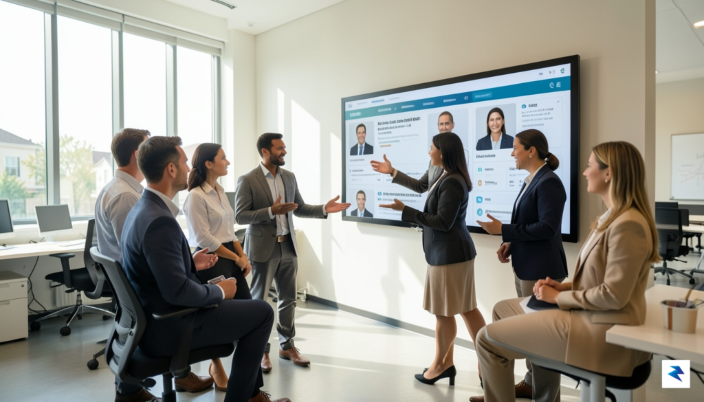 A diverse group of HR professionals collaborating in a bright,…