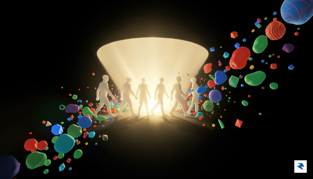 A conceptual digital illustration showing a series of identical humanoid…