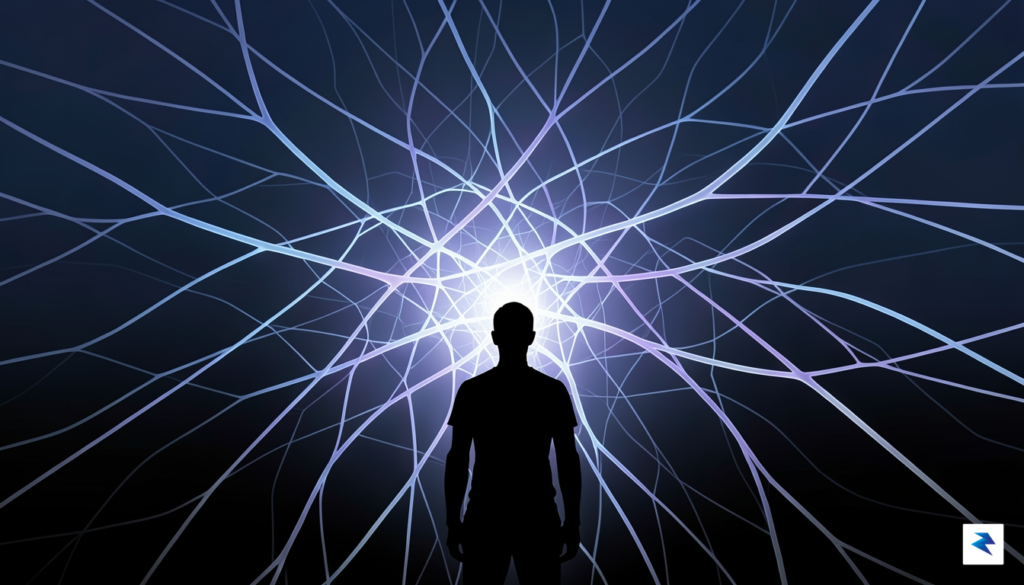 A conceptual illustration showing a digital silhouette of a person…