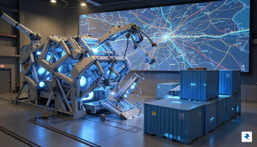 A conceptual 3D render of a massive, modular industrial machine…