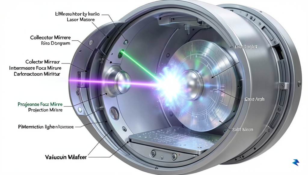 A highly detailed, futuristic cross-section diagram of an ASML EUV…