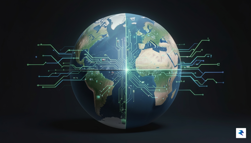 A conceptual digital illustration showing a globe being split in…