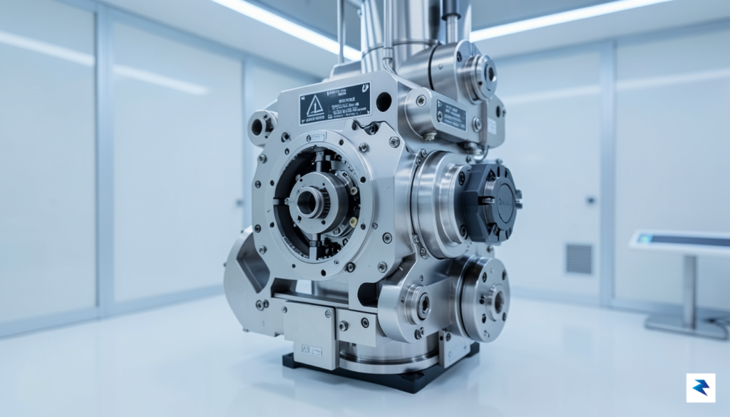 A detailed close-up of a complex industrial lithography machine component…