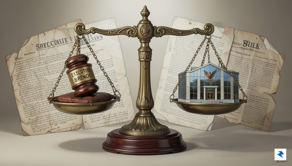 A conceptual illustration showing a scale balancing a gavel representing&hellip;
