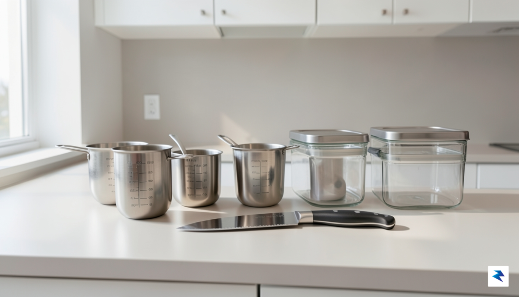 A clean, minimalist kitchen countertop featuring a set of high-quality&hellip;