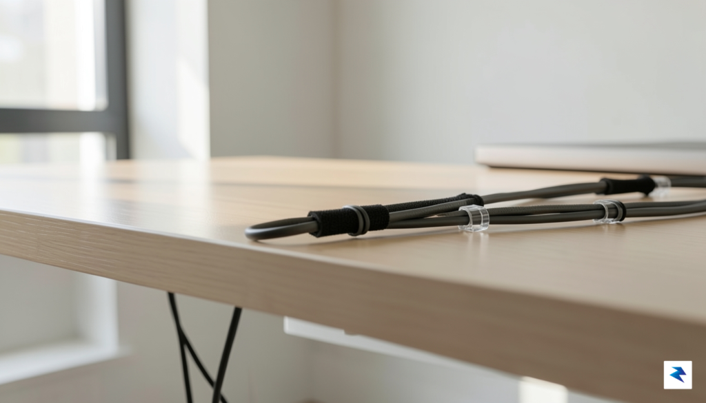 A desk with neatly organized cables, using Velcro ties and&hellip;