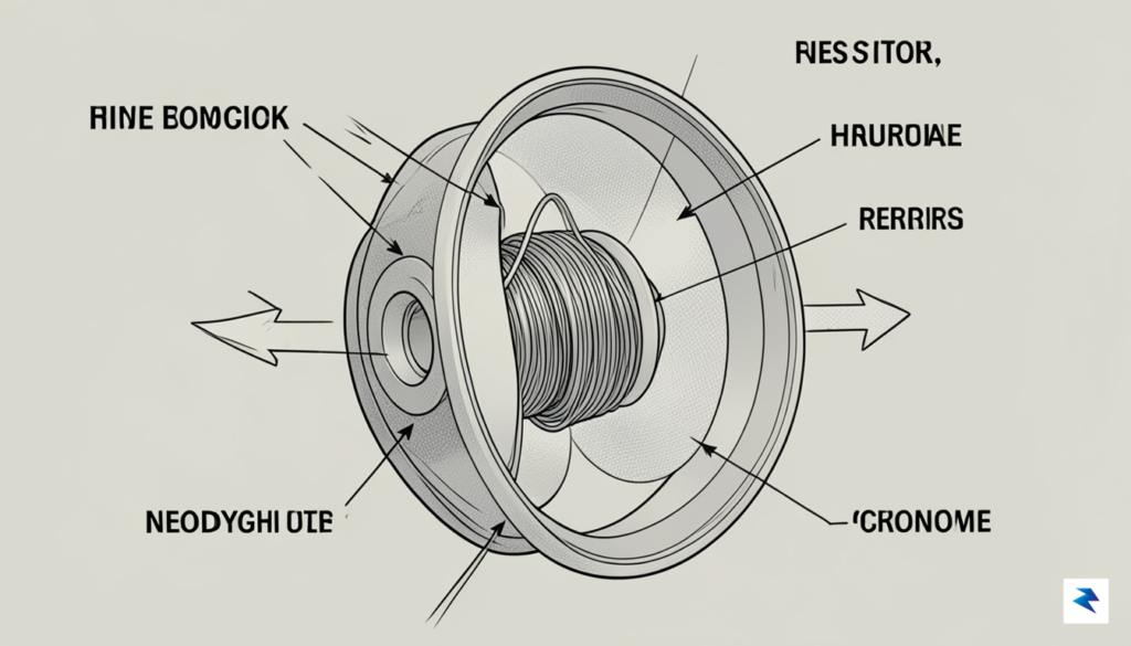 A close-up, cutaway diagram of an over-ear headphone driver, showing&hellip;