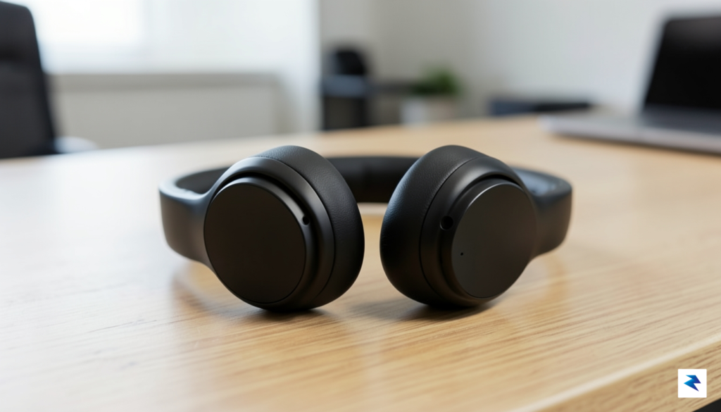 A close-up shot of sleek, matte-black wireless headphones resting on&hellip;