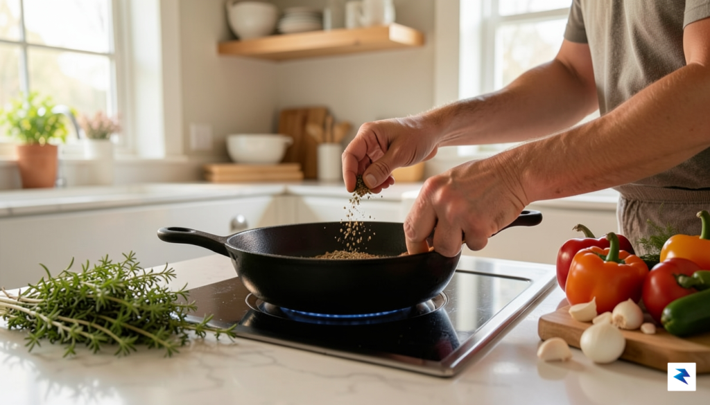 A close-up shot of a father carefully seasoning a cast&hellip;