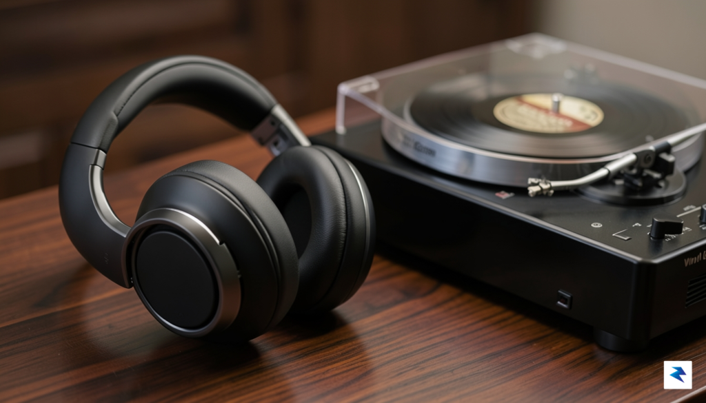 A close-up of premium over-ear noise-canceling headphones resting on a&hellip;
