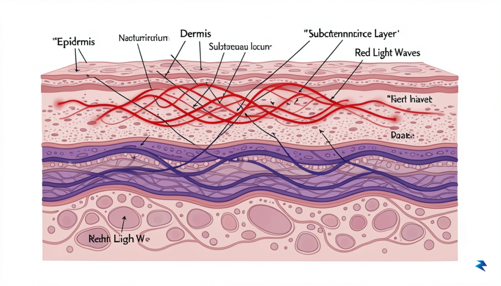 A cross-sectional diagram of human skin showing red light waves&hellip;
