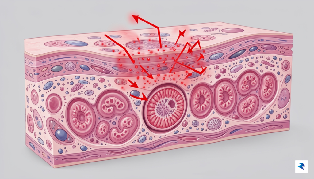 A close-up, high-resolution scientific illustration showing a cross-section of human&hellip;
