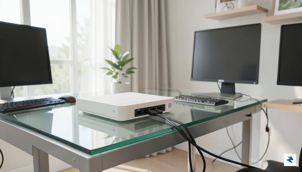 A clean, modern home office setup featuring a sleek NAS…