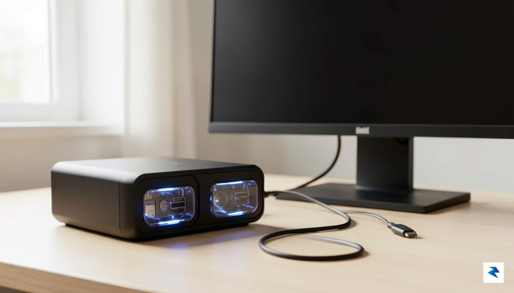 A sleek, modern 2-bay NAS device with two hard drive…
