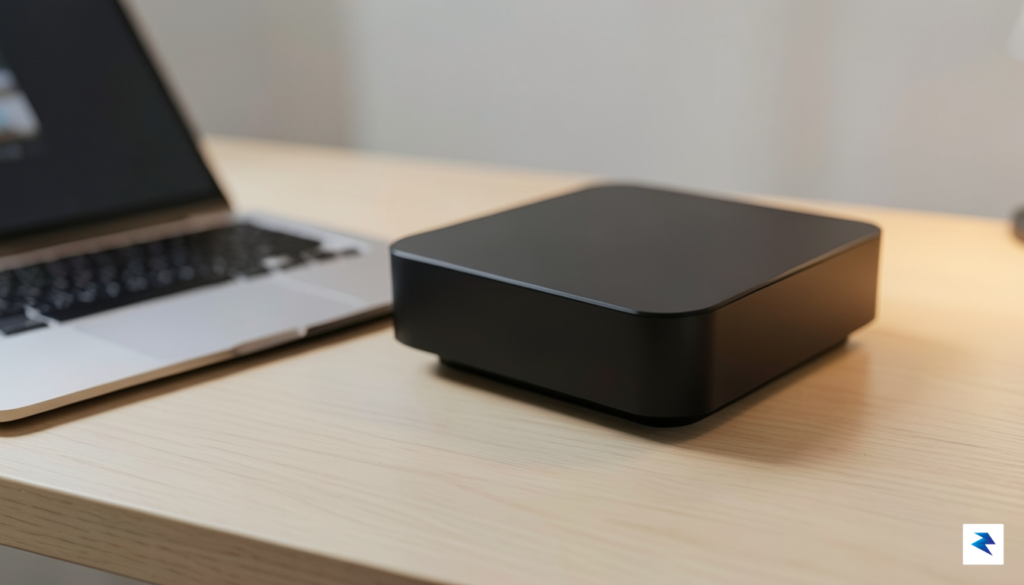 A sleek, modern NAS device sitting on a clean wooden…