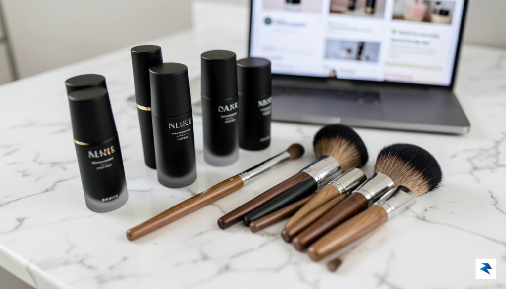 A clean, minimalist flat-lay photograph of high-end skincare bottles and&hellip;