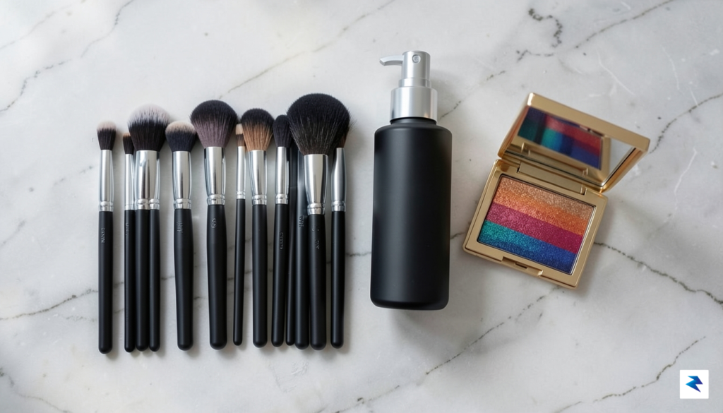 A flat lay photograph of high-end makeup brushes arranged neatly&hellip;
