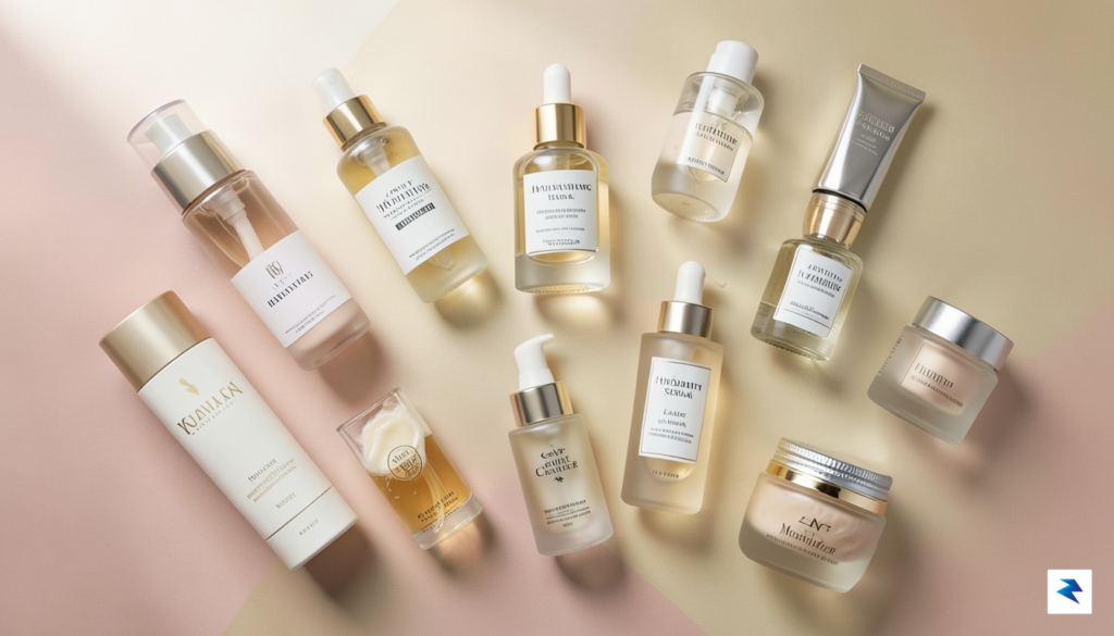 A beautifully arranged flat lay of various high-end skincare products&hellip;