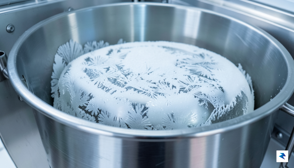 A close-up, high-definition photograph showing a professional-grade stainless steel slushie…