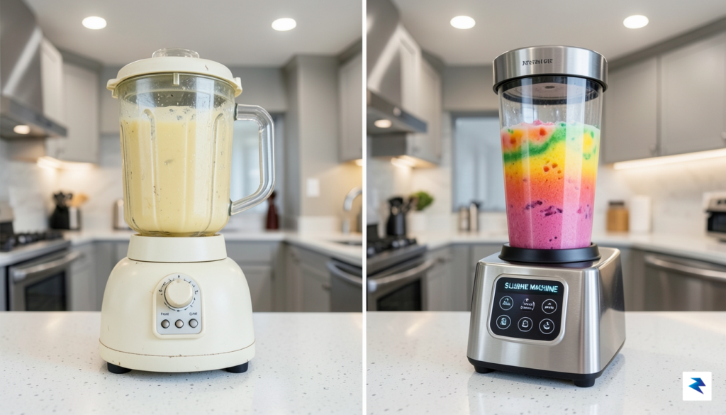 A high-resolution, split-screen comparison showing a vintage, clunky blender next…