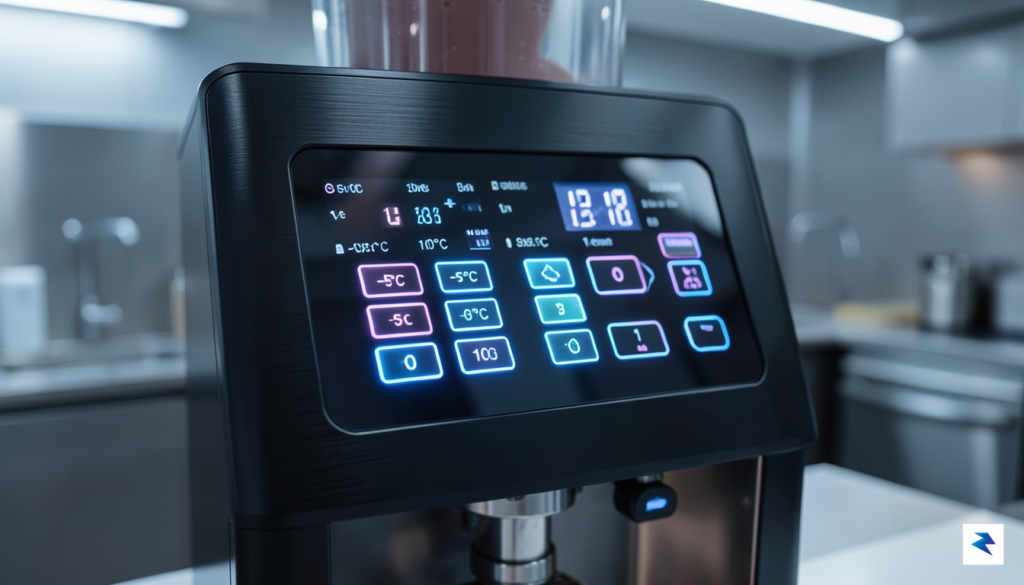A close-up, high-resolution shot of a modern slushie machine control…