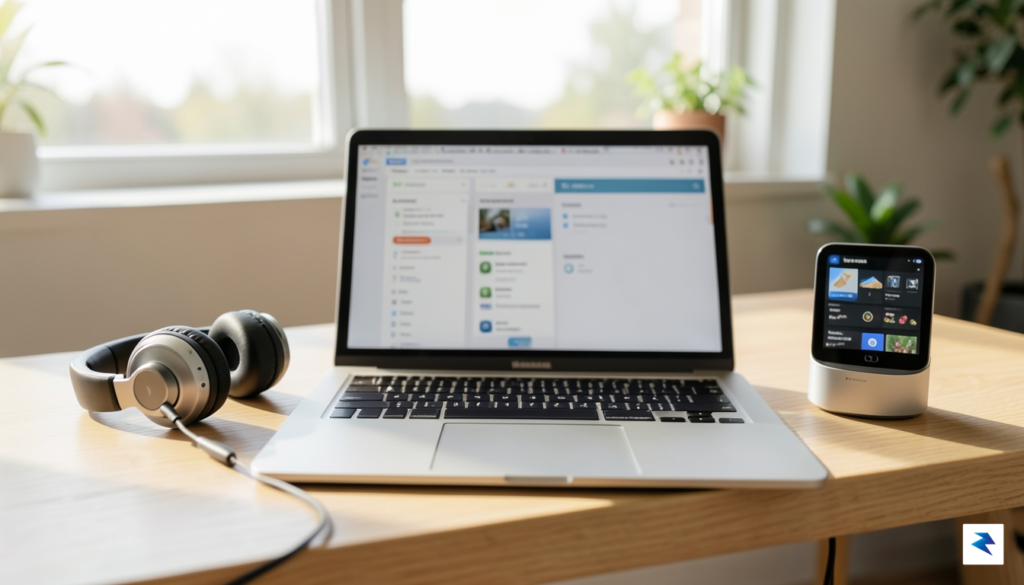 A close-up, high-definition shot of a modern home office desk&hellip;