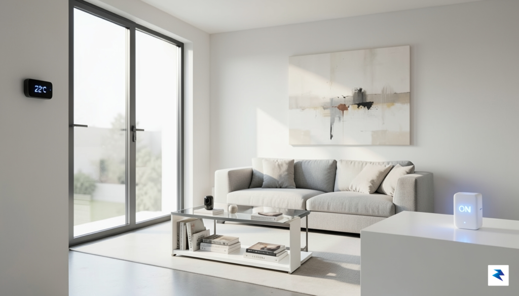 A modern, minimalist living room featuring a discreet smart thermostat&hellip;